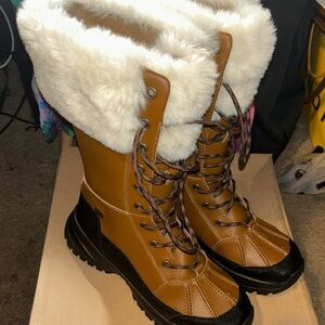 UGG Brown and Black Winter Boots with White Fur